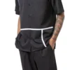 (L/36) Black 2 Piece Short Sleeve Men's Summer Walking Suit Minimalist Straight Lines Design