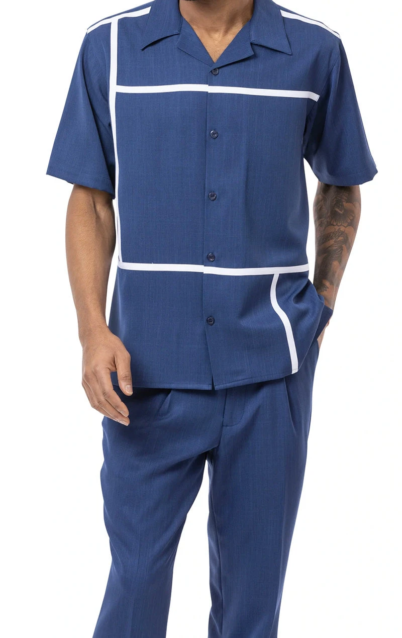 (XL) Navy 2 Piece Short Sleeve Men's Summer Walking Suit Minimalist Straight Lines Design 1 (XL) Navy 2 Piece Short Sleeve Men's Summer Walking Suit Minimalist Straight Lines Design