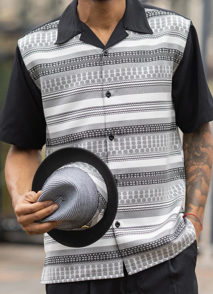 Black 2 Piece Short Sleeve Men's Summer Walking Suit Horizontal Stripe Pattern 1 Black 2 Piece Short Sleeve Men's Summer Walking Suit Horizontal Stripe Pattern