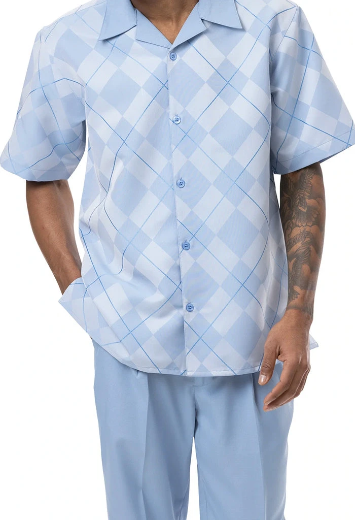 Carolina Blue 2 Piece Short Sleeve Men's Summer Walking Suit Argyle Pattern 1 Carolina Blue 2 Piece Short Sleeve Men's Summer Walking Suit Argyle Pattern