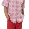 (M) Red 2 Piece Short Sleeve Men's Summer Walking Suit Argyle Pattern