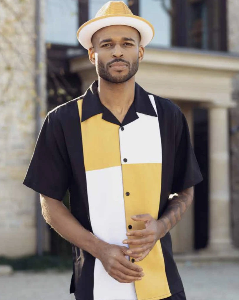 Gold Color Block Walking Suit 2 Piece Short Sleeve Set 1 Gold Color Block Walking Suit 2 Piece Short Sleeve Set