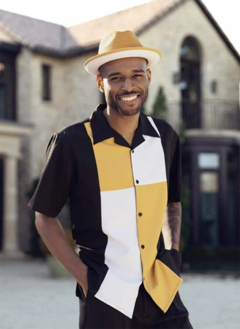 Gold Color Block Walking Suit 2 Piece Short Sleeve Set 2 Gold Color Block Walking Suit 2 Piece Short Sleeve Set - Image 2