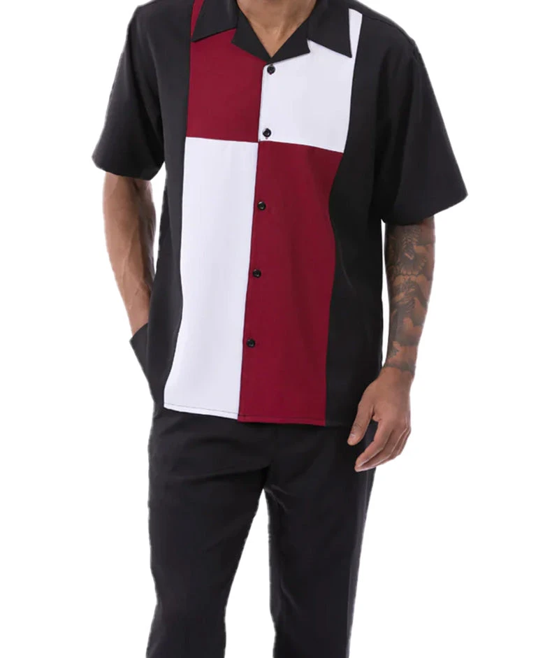 Burgundy Color Block Walking Suit 2 Piece Short Sleeve Set 3 Burgundy Color Block Walking Suit 2 Piece Short Sleeve Set - Image 3