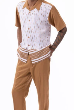 Cognac Abstract Design Walking Suit 2 Piece Short Sleeve Set