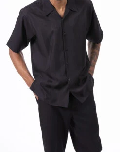 Black Tone On Tone Vertical Stripes Walking Suit 2 Piece Short Sleeve Set 5 Black Tone On Tone Vertical Stripes Walking Suit 2 Piece Short Sleeve Set -Cheap Clothing Store 2306 BLACK