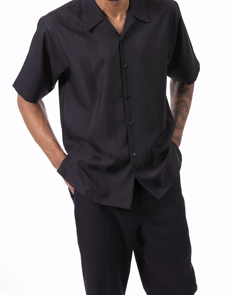 Black Tone On Tone Vertical Stripes Walking Suit 2 Piece Short Sleeve Set 3 Black Tone On Tone Vertical Stripes Walking Suit 2 Piece Short Sleeve Set - Image 3