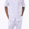 White Tone On Tone Vertical Stripes Walking Suit 2 Piece Short Sleeve Set