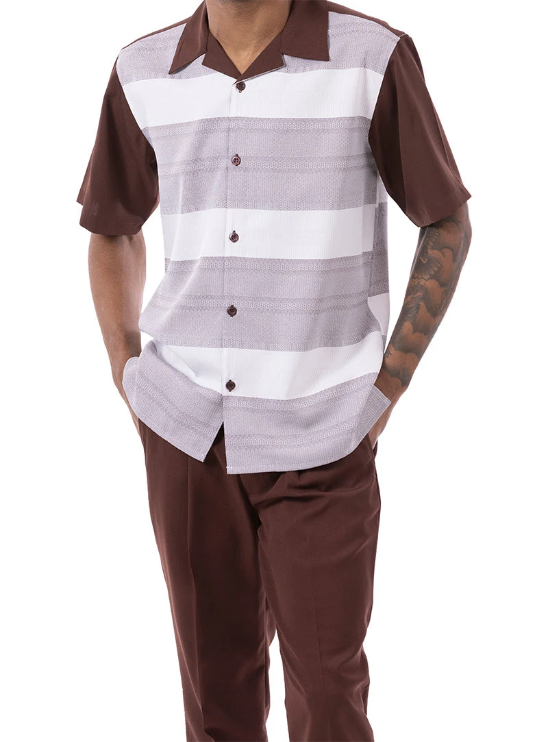 Brown Horizontal Stripes Design 2 Piece Short Sleeve Walking Suit Set 1 Brown Horizontal Stripes Design 2 Piece Short Sleeve Walking Suit Set