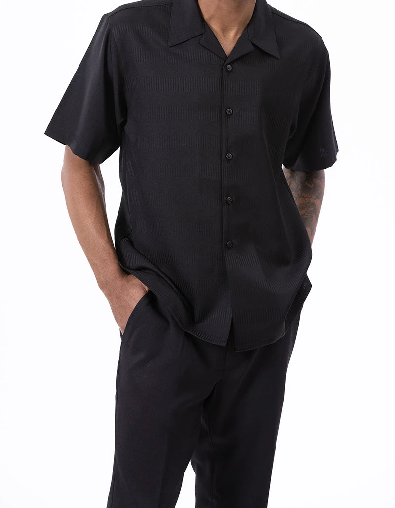 Black Walking Suit Tone On Tone Vertical Stripes 2 Piece Short Sleeve Set 1 Black Walking Suit Tone On Tone Vertical Stripes 2 Piece Short Sleeve Set