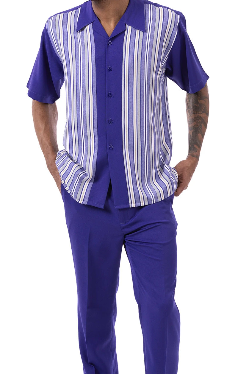Purple Tone On Tone Stripes Walking Suit 2 Piece Short Sleeve Set 2 Purple Tone On Tone Stripes Walking Suit 2 Piece Short Sleeve Set - Image 2