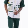 Emerald Green Line Pattern Walking Suit 2 Piece Short Sleeve Set