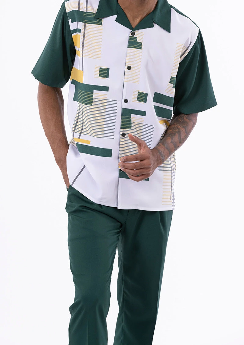 Emerald Green Line Pattern Walking Suit 2 Piece Short Sleeve Set 1 Emerald Green Line Pattern Walking Suit 2 Piece Short Sleeve Set