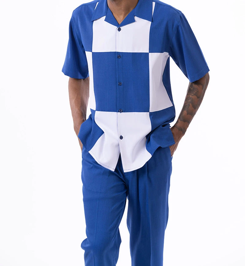 Cobalt Blue Color Block Walking Suit 2 Piece Short Sleeve Set 1 Cobalt Blue Color Block Walking Suit 2 Piece Short Sleeve Set
