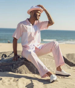 Pink Color Block Walking Suit 2 Piece Short Sleeve Set