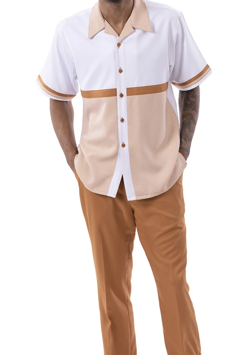 Cognac Houndstooth Horizontal Color Block Walking Suit 2 Piece Short Sleeve Set 1 Cognac Houndstooth Horizontal Color Block Walking Suit 2 Piece Short Sleeve Set