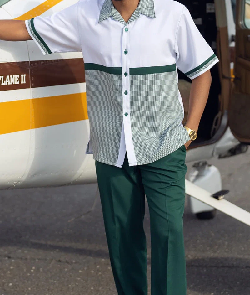 Emerald Houndstooth Horizontal Color Block Walking Suit 2 Piece Short Sleeve Set 1 Emerald Houndstooth Horizontal Color Block Walking Suit 2 Piece Short Sleeve Set