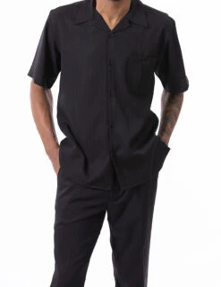 Black Tone On Tone Striped Walking Suit 2 Piece Short Sleeve Set