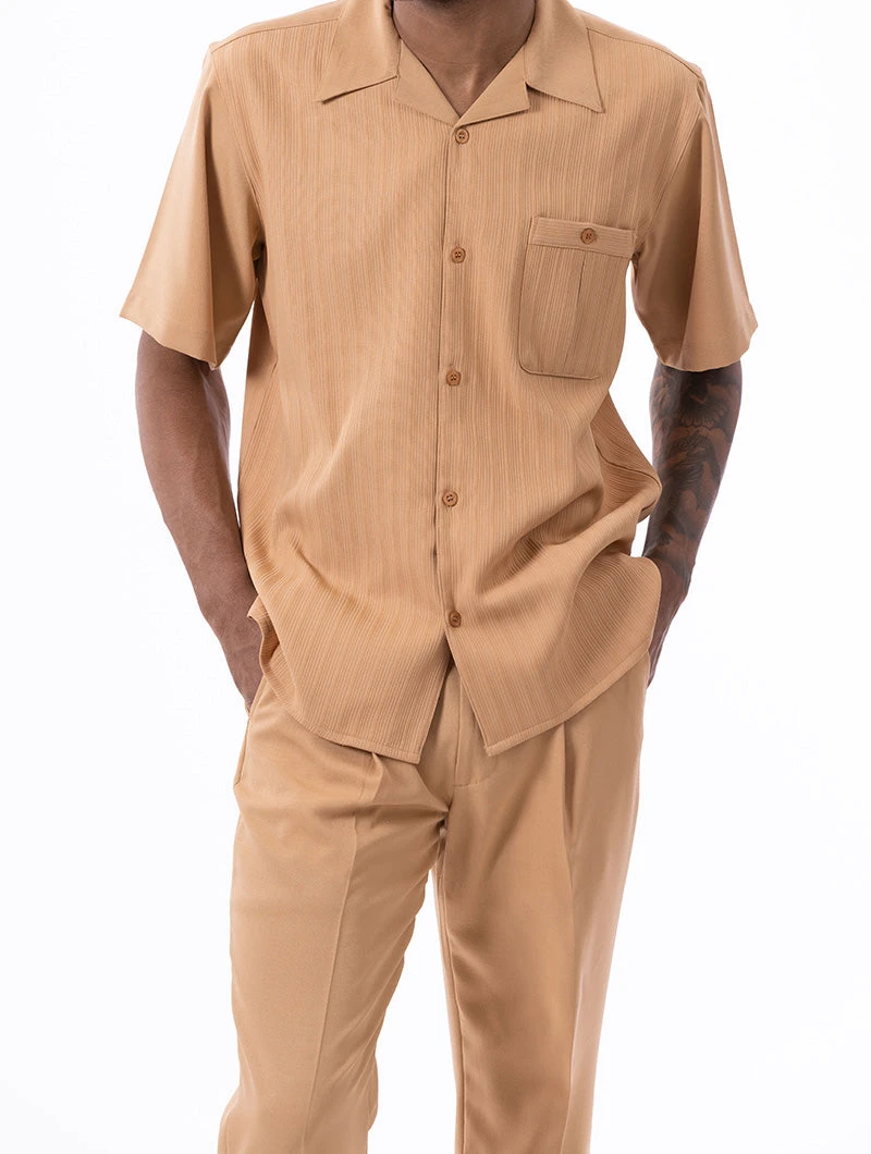 Tan Tone On Tone Striped Walking Suit 2 Piece Short Sleeve Set 1 Tan Tone On Tone Striped Walking Suit 2 Piece Short Sleeve Set