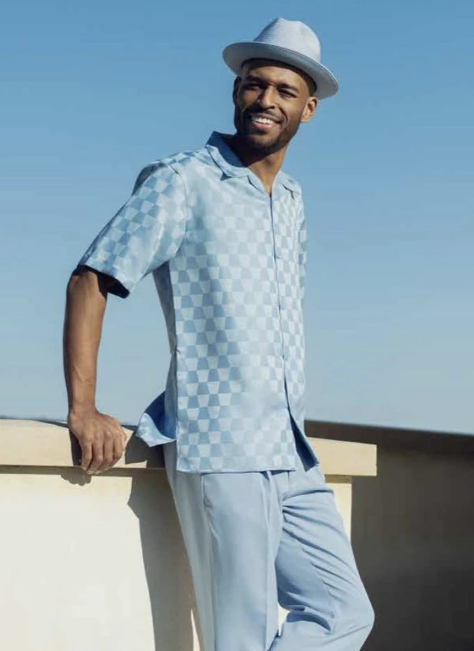 Carolina Blue Tone On Tone Check Walking Suit 2 Piece Short Sleeve Set 1 Carolina Blue Tone On Tone Check Walking Suit 2 Piece Short Sleeve Set