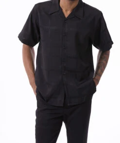 Black Tone On Tone Windowpane Walking Suit 2 Piece Short Sleeve Set