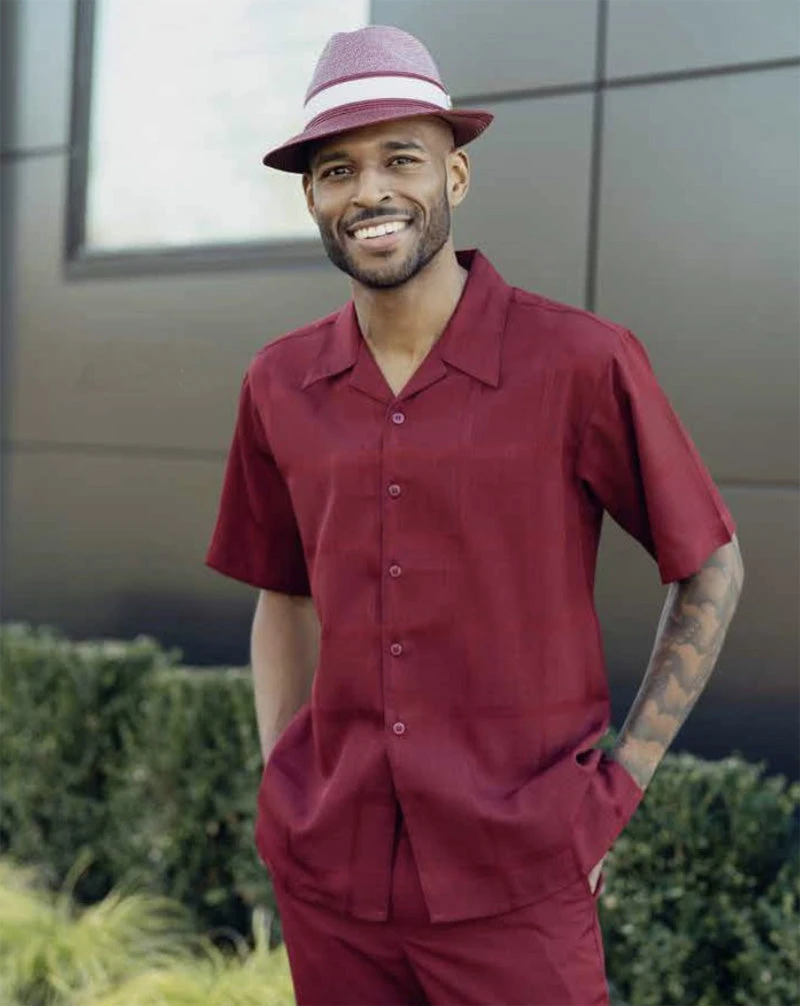 Burgundy Tone On Tone Windowpane Walking Suit 2 Piece Short Sleeve Set 1 Burgundy Tone On Tone Windowpane Walking Suit 2 Piece Short Sleeve Set