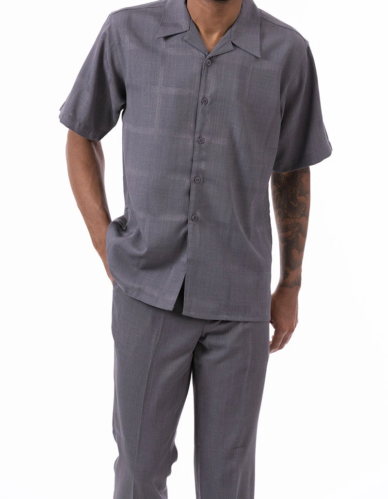 Gray Tone On Tone Windowpane Walking Suit 2 Piece Short Sleeve Set 2 Gray Tone On Tone Windowpane Walking Suit 2 Piece Short Sleeve Set - Image 2