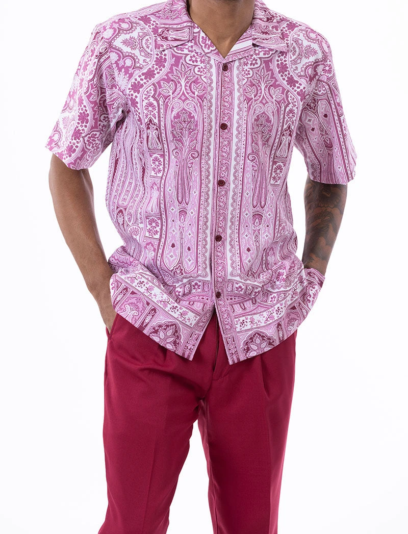 Burgundy Floral Pattern Walking Suit 2 Piece Short Sleeve Set 1 Burgundy Floral Pattern Walking Suit 2 Piece Short Sleeve Set