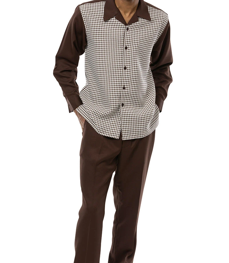 Brown Mini-Checkered 2 Piece Long Sleeve Walking Suit Set 1 Brown Mini-Checkered 2 Piece Long Sleeve Walking Suit Set