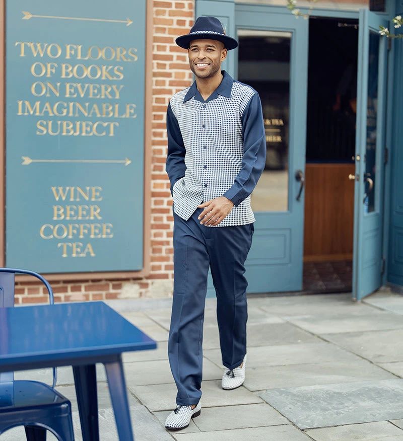 Navy Mini-Checkered 2 Piece Long Sleeve Walking Suit Set 1 Navy Mini-Checkered 2 Piece Long Sleeve Walking Suit Set