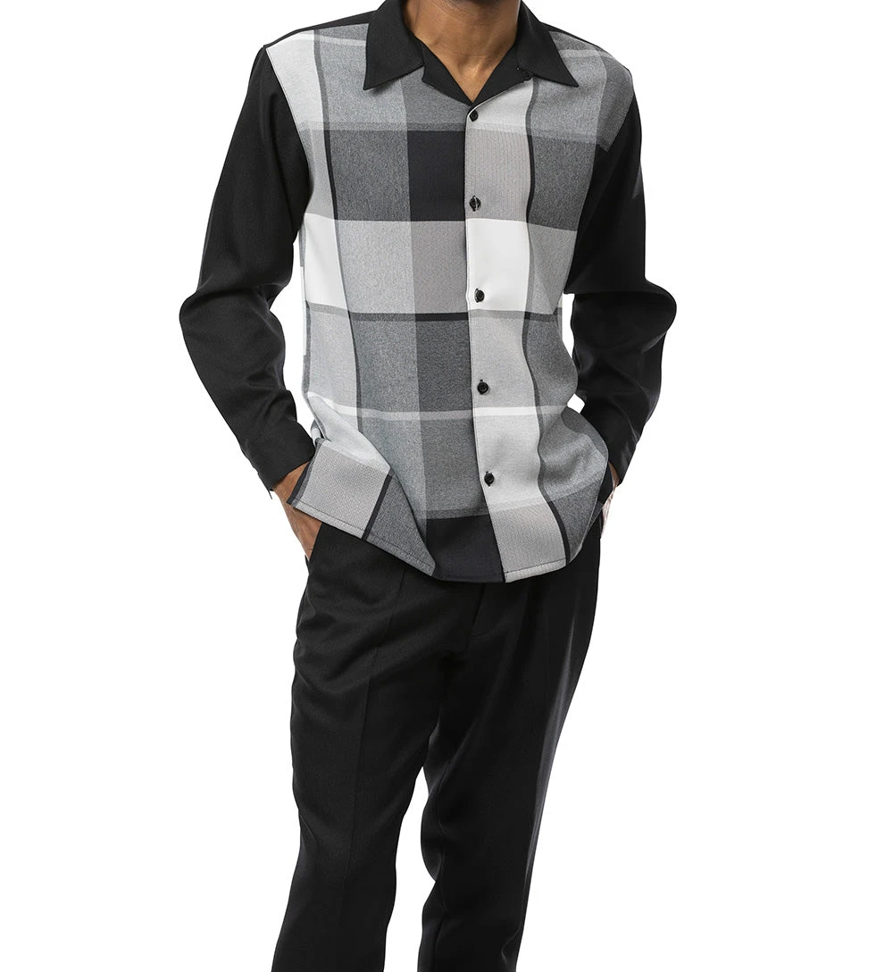 Black Tone-on-Tone Windowpane 2 Piece Long Sleeve Walking Suit Set 1 Black Tone-on-Tone Windowpane 2 Piece Long Sleeve Walking Suit Set