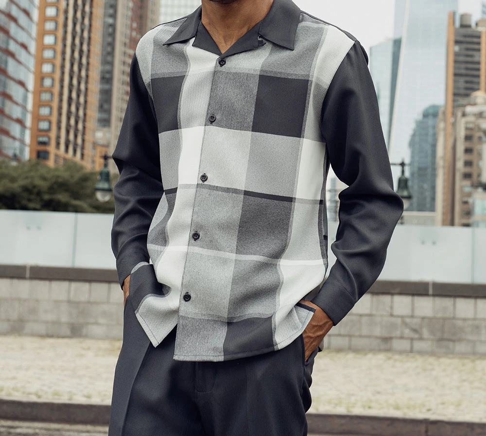 Gray Tone-on-Tone Windowpane 2 Piece Long Sleeve Walking Suit Set 1 Gray Tone-on-Tone Windowpane 2 Piece Long Sleeve Walking Suit Set