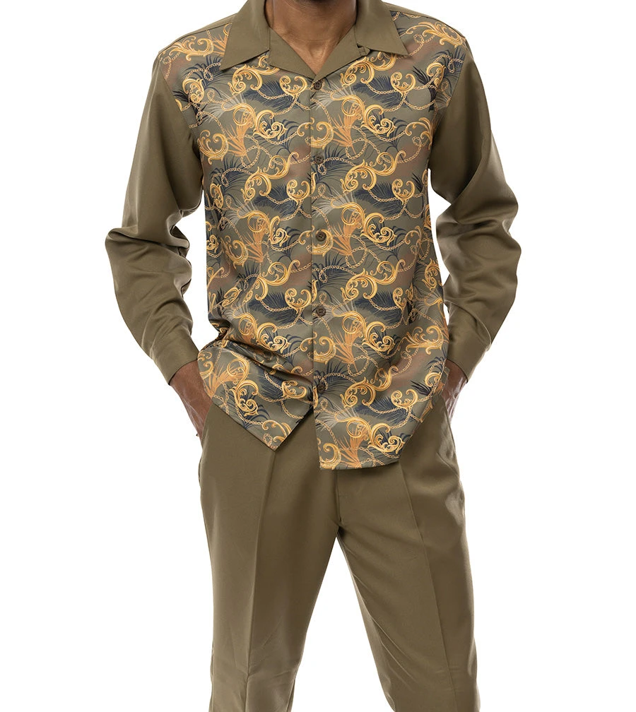 Olive Feather And Paisley Front Design 2 Piece Long Sleeve Walking Suit Set 1 Olive Feather And Paisley Front Design 2 Piece Long Sleeve Walking Suit Set