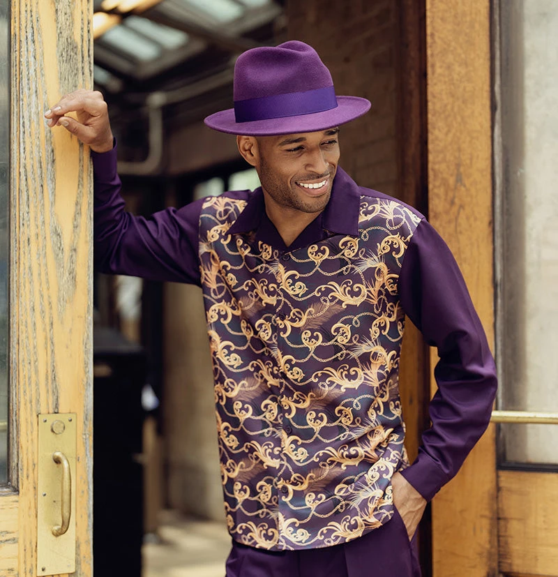 Blackberry Feather And Paisley Front Design 2 Piece Long Sleeve Walking Suit Set 1 Blackberry Feather And Paisley Front Design 2 Piece Long Sleeve Walking Suit Set