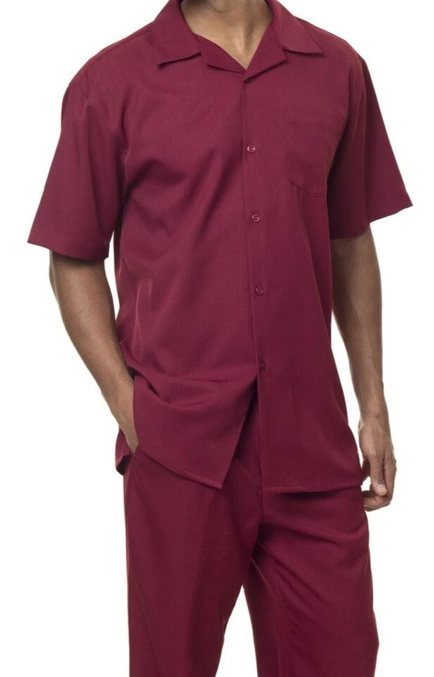 Men's 2 Piece Walking Suit Summer Short Sleeves In Burgundy 1 Men's 2 Piece Walking Suit Summer Short Sleeves In Burgundy