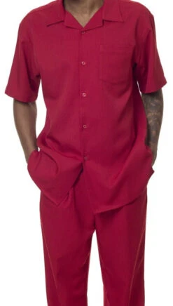 Men's 2 Piece Walking Suit Summer Short Sleeves In Red