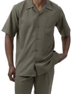 Men's 2 Piece Walking Suit Summer Short Sleeves In Olive