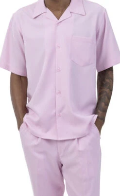 Men's 2 Piece Walking Suit Summer Short Sleeves In Pink