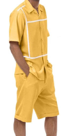 Gold Minimalist Line Design 2 Piece Short Sleeve Walking Suit With Shorts