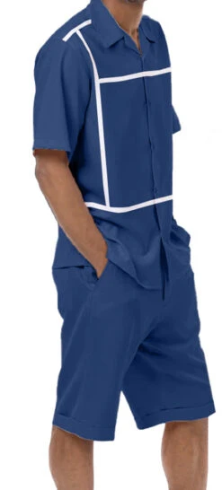 Navy Minimalist Line Design 2 Piece Short Sleeve Walking Suit With Shorts