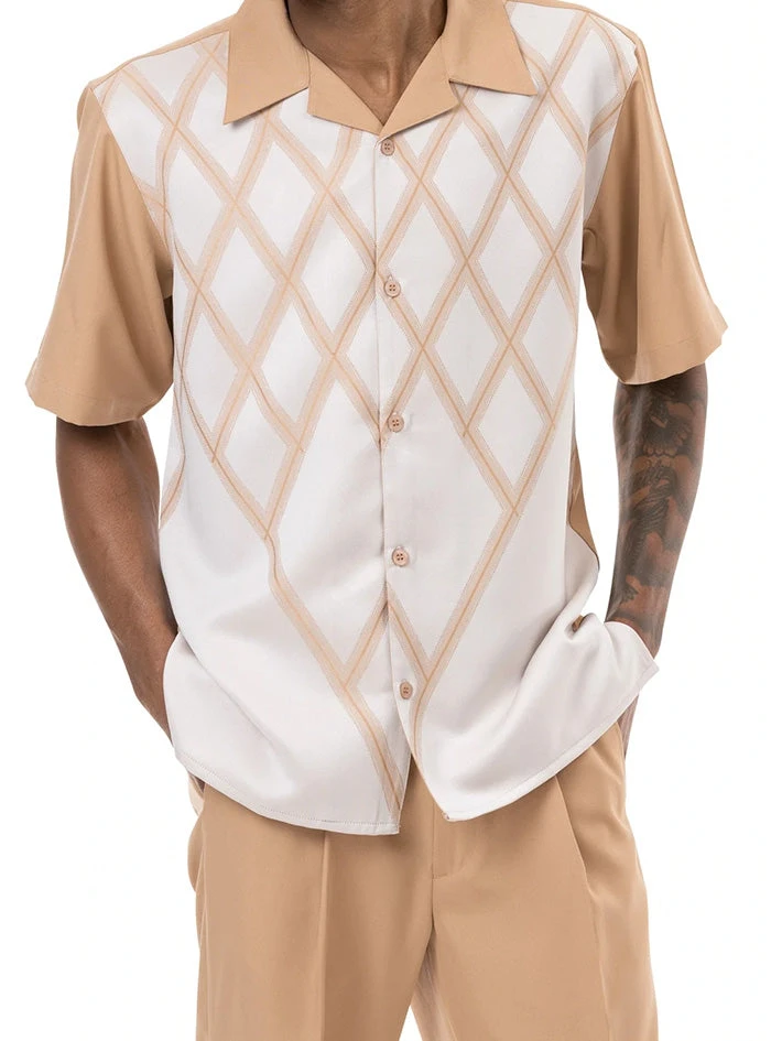 Tan Criss Cross 2 Piece Short Sleeve Walking Suit With Shorts 2 Tan Criss Cross 2 Piece Short Sleeve Walking Suit With Shorts - Image 2