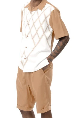 Tan Criss Cross 2 Piece Short Sleeve Walking Suit With Shorts