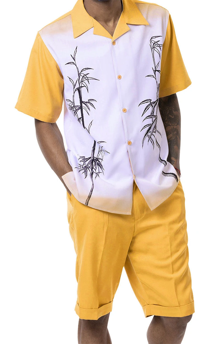 Gold Tropical Print 2 Piece Short Sleeve Walking Suit With Shorts 1 Gold Tropical Print 2 Piece Short Sleeve Walking Suit With Shorts