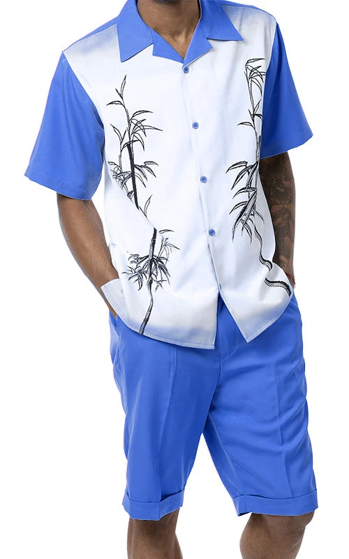 Royal Blue Tropical Print 2 Piece Short Sleeve Walking Suit With Shorts 1 Royal Blue Tropical Print 2 Piece Short Sleeve Walking Suit With Shorts