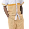 Gold 2 Piece Short Sleeve Walking Suit Set Horizontal Color Block With Shorts