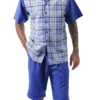 Cobalt Blue Plaid Walking Suit 2 Piece Short Sleeve Set With Shorts