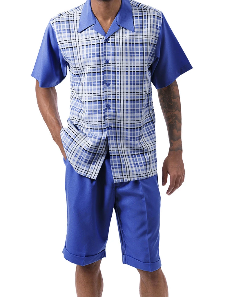 Cobalt Blue Plaid Walking Suit 2 Piece Short Sleeve Set With Shorts 1 Cobalt Blue Plaid Walking Suit 2 Piece Short Sleeve Set With Shorts