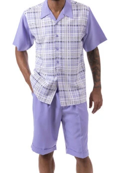Lavender Plaid Walking Suit 2 Piece Short Sleeve Set With Shorts