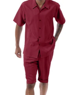 Burgundy Tone On Tone Vertical Stripes Walking Suit 2 Piece Short Sleeve Set With Shorts