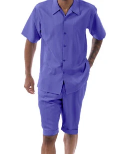 Purple Tone On Tone Vertical Stripes Walking Suit 2 Piece Short Sleeve Set With Shorts